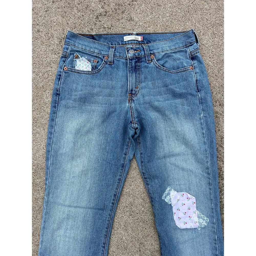 Levi Pants Women Size 4M 505 Light Wash Straight Leg Patchwork Denim Jeans Zip‎ - Picture 4 of 8